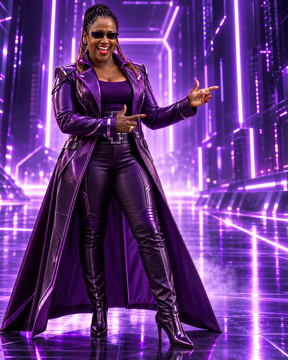 Claudia Esajas ten voeten uit in een lange paarse jas en laarzen, lachend en wijzend, in een futuristische paarse gang.